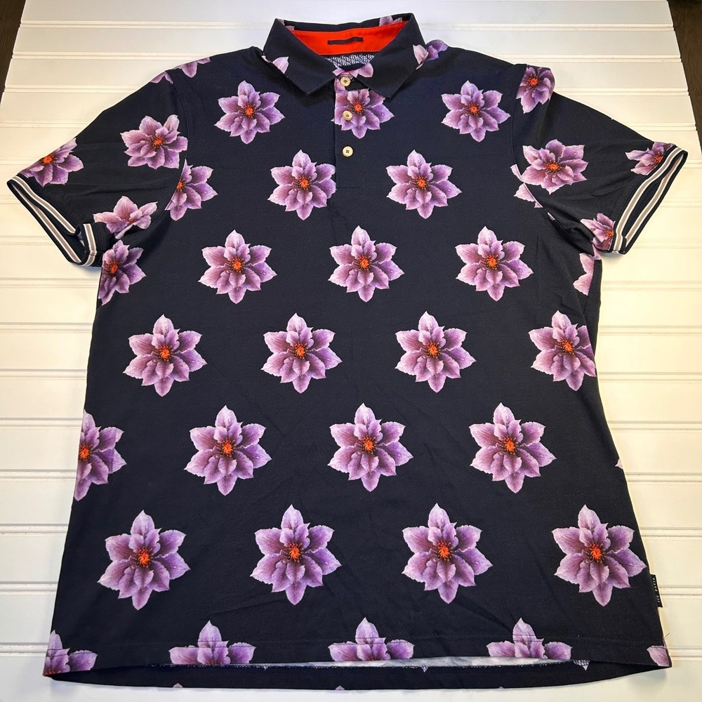 Ted Baker Nelso Floral Polo Shirt Mens 4 (US Large) Navy Purple MMB NELSO TC9M - Picture 2 of 13